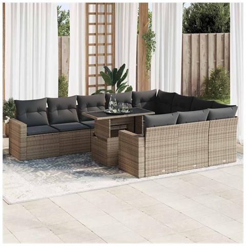 Set Divani Da Giardino 11 Pz Con Cuscini In Polyrattan Grigio - Foto 1