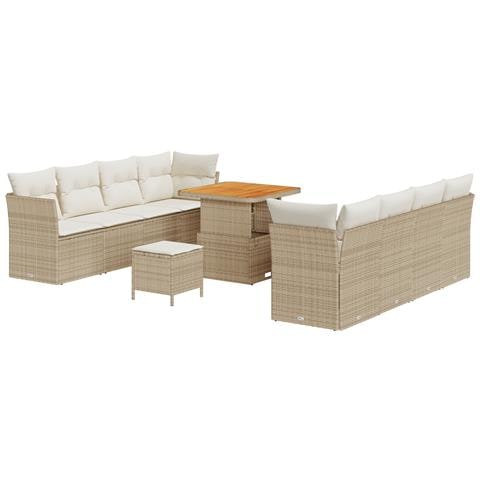 Set da Giardino  di 11 pezzi con Cuscini Beige Polyrattan Acacia, Set da Pranzo da Giardino  di 3 pezzi con Cuscini Beige Polyrattan Acacia - Foto 1
