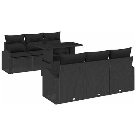 Set di divano da giardino a 7 pezzi con cuscini neri in polyrattan - Foto 1
