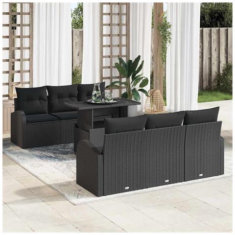Set di divano da giardino a 7 pezzi con cuscini neri in polyrattan - Foto 2