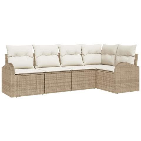 Set divano da giardino 5 pezzi con cuscini beige in polyrattan, Divano da giardino 2 posti con ripostiglio e cuscini beige in polyrattan - Foto 1