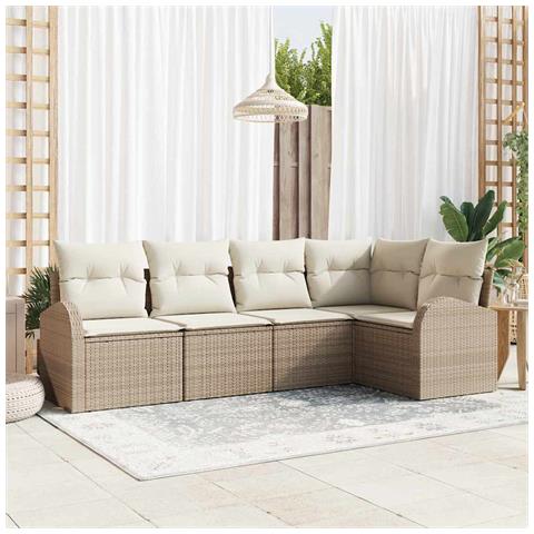 Set divano da giardino 5 pezzi con cuscini beige in polyrattan, Divano da giardino 2 posti con ripostiglio e cuscini beige in polyrattan - Foto 2