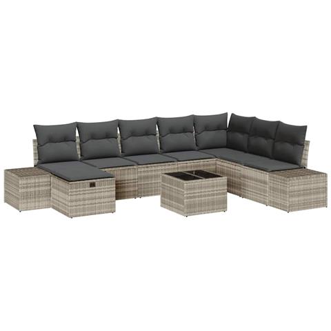 Set Divano da Giardino 9 Pezzi con Cuscini Grigio Chiaro in Rattan Poly - Foto 1
