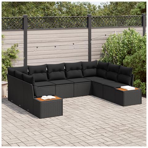 Set di divani da giardino 9 pezzi con cuscini Rattan nero Acacia - Foto 2