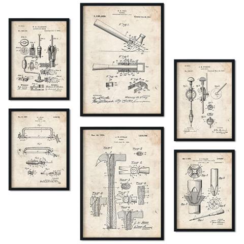 Set Di 6 Stampe Poster Con Strumenti Di Costruzione 2 Brevetti Poster Con Immagini Di Brevetti Retrò Design D'interni In Stile Vintage A3 & A4 Senza Cornice - Foto 1