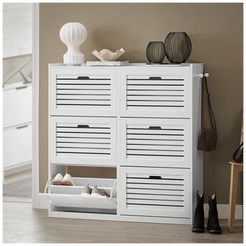 Scarpiera Con 6 Ribalte E 12 Ripiani Portascarpe Salvaspazio Regolabili Bianco, Fsr145-w - Foto 5