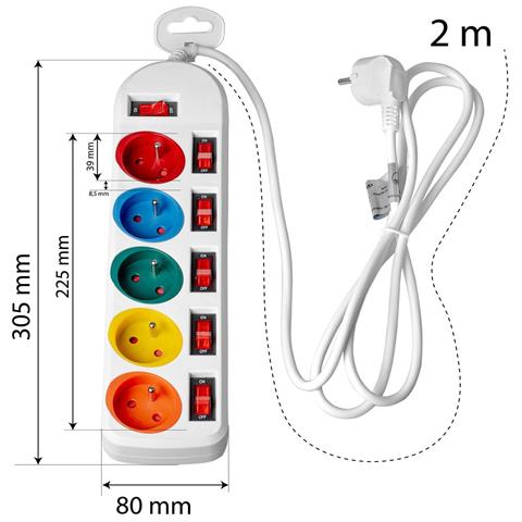 Cavo Di Prolunga 2m 5gn+0 10a Bianco / Prese Colorate Va0257 - Foto 8