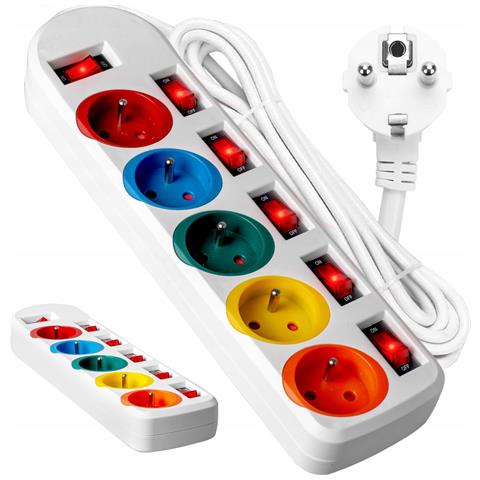 Cavo Di Prolunga 2m 5gn+0 10a Bianco / Prese Colorate Va0257 - Foto 1