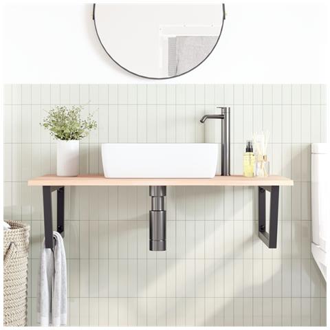 Ripiano A Parete Per Lavabo In Acciaio E Massello Di Rovere - Foto 2