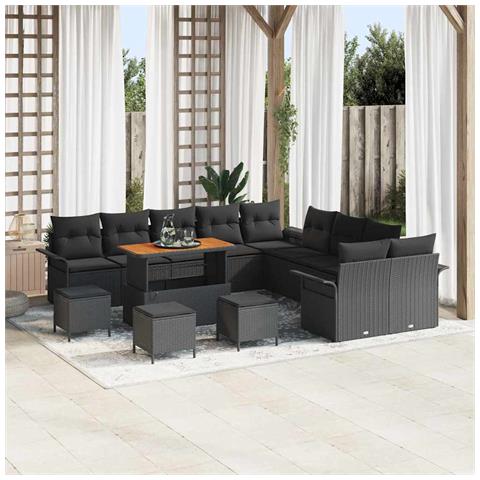 Set da giardino  di 14 pezzi con cuscini neri in polyrattan e acacia, Divano da giardino  per 2 persone con cuscini neri in polyrattan, Set pranzo da giardino  di 4 pezzi con cuscini neri in polyrattan e acacia - Foto 2