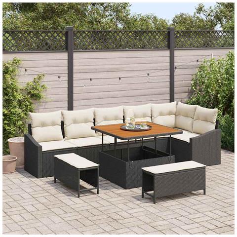 Set Divano da Giardino da 9 Pezzi con Cuscini Nero Poly Rattan Acacia, Divano da Giardino da 2 Posti con Cuscini Nero Poly Rattan, Set da Pranzo da Giardino da 3 Pezzi con Cuscini Nero Poly Rattan Acacia - Foto 2