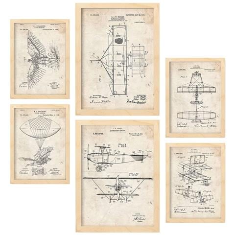 Set Di 6 Stampe Poster Con Brevetti Di Aeroplani Poster Con Immagini Di Brevetti Retrò Design D'interni In Stile Vintage A3 & A4 Telaio In Legno Chiaro - Foto 1