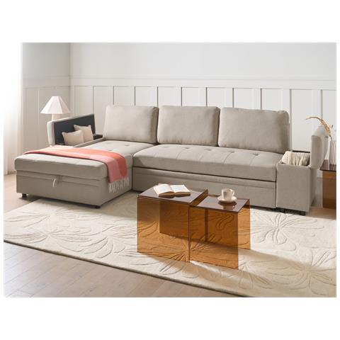 Divano Letto Angolare 3 Posti Hrisey Lino Sintetico Beige Con Contenitore Lato Destro - Foto 1