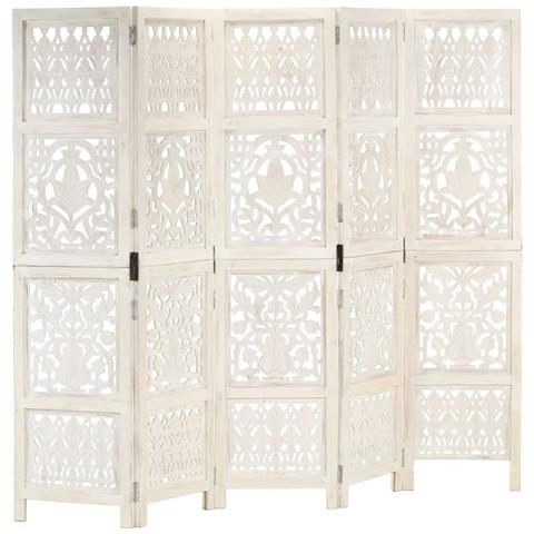 Divisorio 5 Pannelli Intagliato Bianco 200x165cm Mango Massello - Foto 1