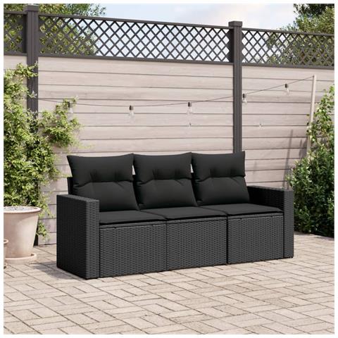 Set Divani Da Giardino 3 Pz Con Cuscini In Polyrattan Nero - Foto 1