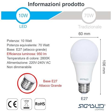 Pack 6 Pezzi Lampadina Led E27 10w (equivalente A 70w) - Luce Bianca Naturale 4000k - 950 Lumen - Attacco Grande E27 - Goccia A60 - 60x120mm - Foto 2