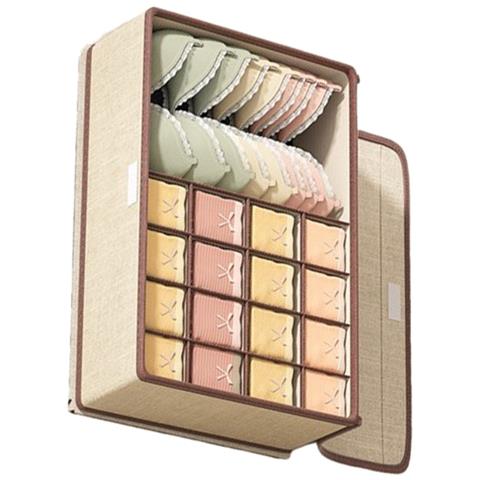 Scatola Portaoggetti Per Biancheria Intima Con Coperchio - 17 Scomparti In Tessuto Di Lino Beige - Foto 2