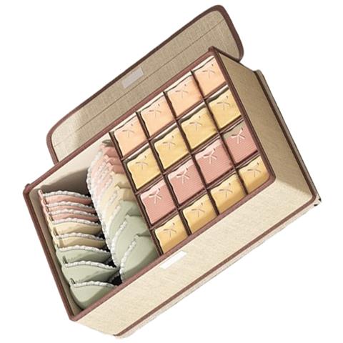 Scatola Portaoggetti Per Biancheria Intima Con Coperchio - 17 Scomparti In Tessuto Di Lino Beige - Foto 3