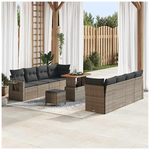Set di divani da giardino  11 pezzi con cuscini in grigio polyrattan acacia, Set da pranzo da giardino  3 pezzi con cuscini in grigio polyrattan acacia - Foto 2
