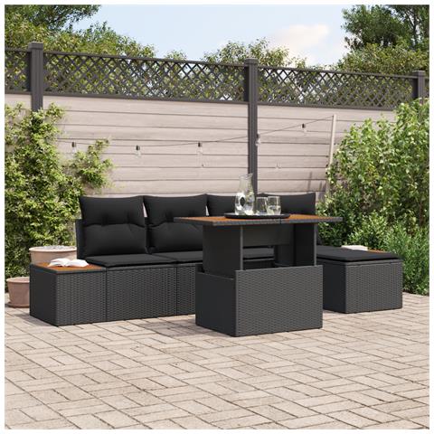 Set da Pranzo da Giardino da 6 pezzi con Cuscini in Rattan Nero e Marrone - Foto 2