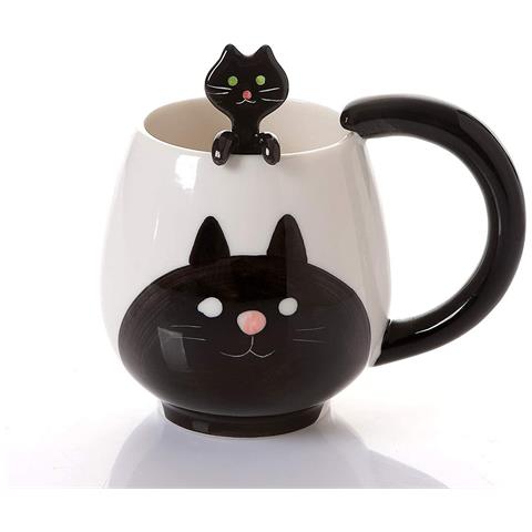HTN 12 Oz Tazza Di Gatto E Cucchiaio Tazza Di Gatto Tazza Animale Carino (nero) HTN 12 Oz Tazza Di Gatto E Cucchiaio Tazza Di Gatto Tazza Animale Carino (nero)