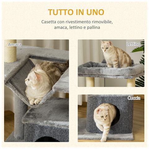 Albero Tiragraffi Con Corde Sisal, Casetta E Amaca, Rivestimento Peluche E Feltro, Altezza 100cm, Grigio - Foto 2