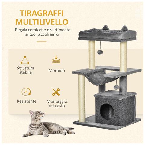 Albero Tiragraffi Con Corde Sisal, Casetta E Amaca, Rivestimento Peluche E Feltro, Altezza 100cm, Grigio - Foto 6