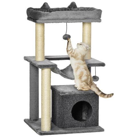 Albero Tiragraffi Con Corde Sisal, Casetta E Amaca, Rivestimento Peluche E Feltro, Altezza 100cm, Grigio - Foto 1