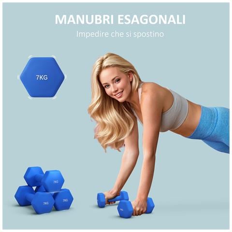 Set 2 Manubri Esagonali da 2x7kg in Metallo e Plastica con Impugnatura Antiscivolo, 22.5x10.5x10.5 cm, Blu - Foto 2