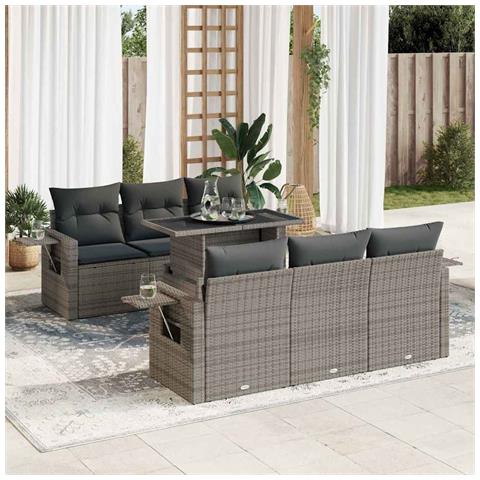 Set Divani Da Giardino 7 Pz Con Cuscini Grigio In Polyrattan - Foto 1