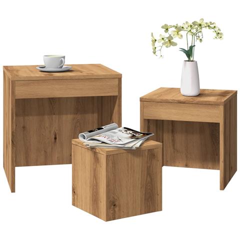 Tavolini Impilabili 3 Pz Rovere Artigianale Legno Multistrato - Foto 1