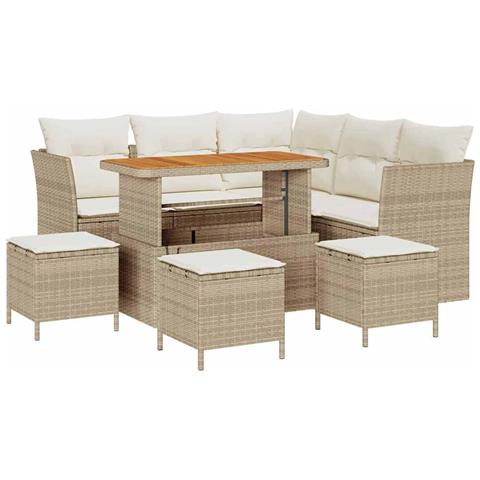 Set Divani Giardino con Cuscini 9 Pezzi Beige Rattan Polietilene Acacia, Set Pranzo Giardino 4 Pezzi con Cuscini Beige Rattan Polietilene Acacia - Foto 1