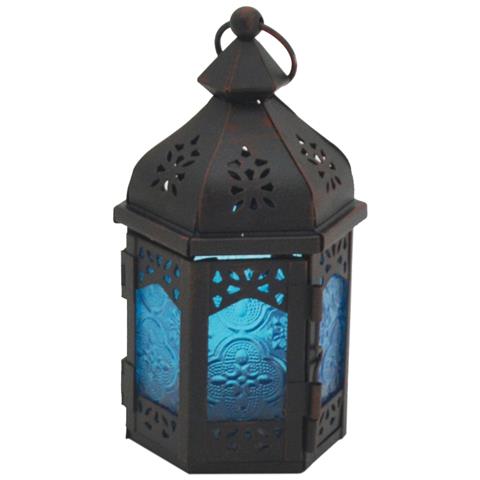 Portacandela Stile Marocchino Blu Nero Metallo Vetro 17x9x8 - Foto 1