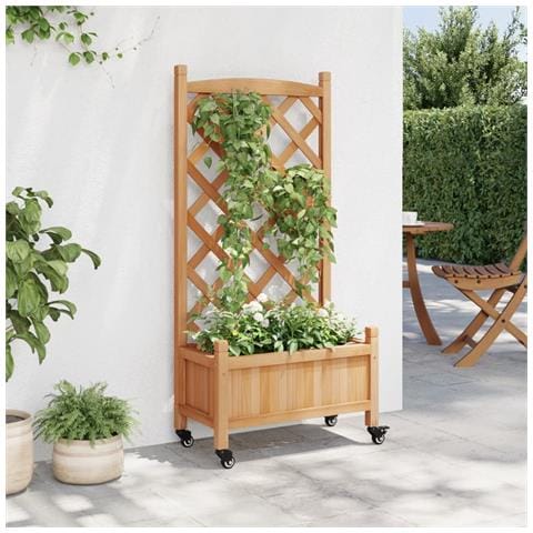 Fioriera Con Traliccio E Ruote Marrone Legno Massello Di Abete - Foto 3