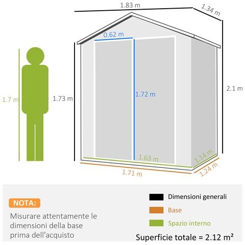 Casetta Da Giardino Con Finestra E Doppia Porta, In Alluminio E Pp, 183x134x210 Cm, Grigio - Foto 2