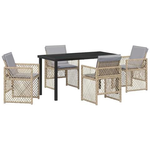 Set pranzo giardino 5 pezzi con cuscini beige in rattan sintetico, Tavolo giardino nero 140x80x73 cm in vetro temperato - Foto 1
