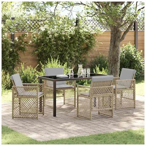 Set pranzo giardino 5 pezzi con cuscini beige in rattan sintetico, Tavolo giardino nero 140x80x73 cm in vetro temperato - Foto 2