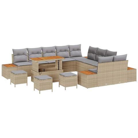 Set da giardino  in 14 pezzi con cuscini beige in polyrattan e acacia, Set da pranzo da giardino  in 4 pezzi con cuscini beige in polyrattan e acacia - Foto 1