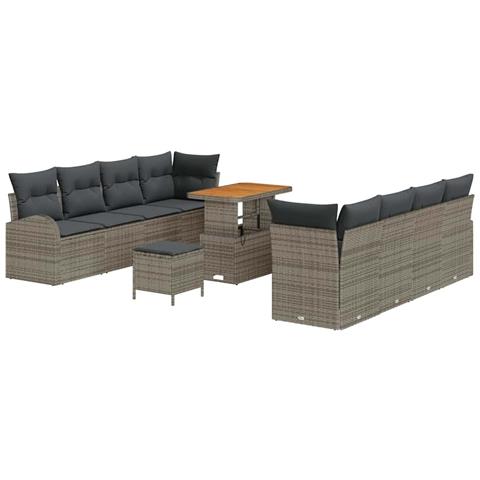 Set di divani da giardino 11 pezzi con cuscini in polyrattan grigio e acacia, Divano da giardino 2 posti con cuscini in polyrattan grigio, Set da pranzo da giardino 3 pezzi con cuscini in polyrattan grigio e acacia - Foto 1