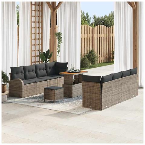 Set di divani da giardino 11 pezzi con cuscini in polyrattan grigio e acacia, Divano da giardino 2 posti con cuscini in polyrattan grigio, Set da pranzo da giardino 3 pezzi con cuscini in polyrattan grigio e acacia - Foto 2