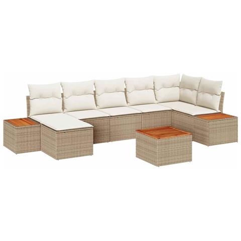 Set di Divano da Giardino a 8 Pezzi con Cuscini Beige in Rattan Polipropilene e Acacia - Foto 1