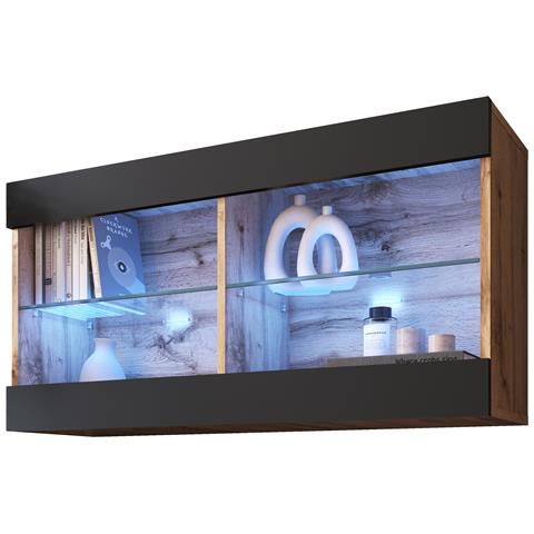 Komodee Tivoli Horizontal 100 Vetrina Sospesa, Rovere Wotan/nero, Illuminazione Led Blu, Larghezza 100 Cm X Altezza 50 Cm X Profondità 29 Cm, Per Soggiorno, Sala Da Pranzo - Foto 3