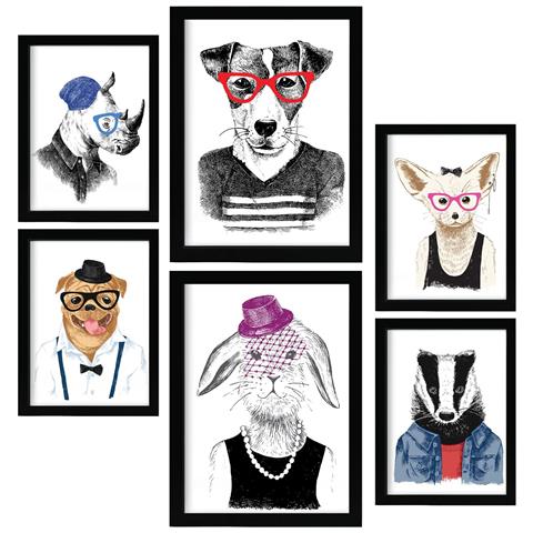 Set Di 6 Stampe Nobili Animali Disegnati A Mano In Stile Colorato. Stampa Su Sfondo Bianco Con Animali In Abiti Umani. A3 & A4 Senza Cornice - Foto 1