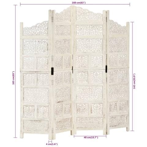 Divisorio 4 Pannelli Intagliato Bianco 160x165cm Mango Massello - Foto 2