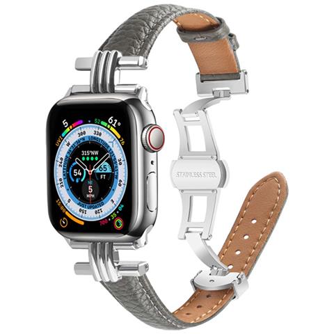 Cinturino Per Apple Watch 38/40/41mm In Pelle Con Chiusura Pieghevole, Grigio - Foto 5