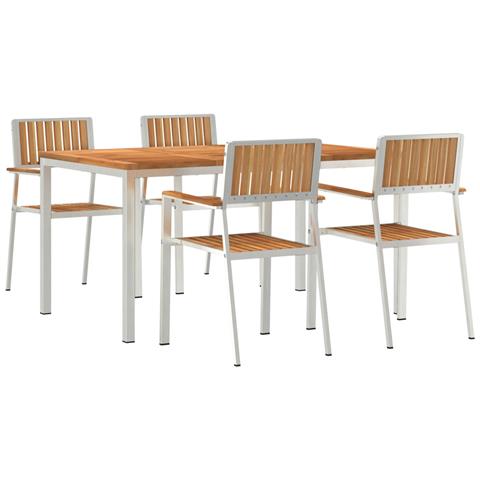 Set pranzo giardino  5 pezzi in legno massello di teak, Tavolo pranzo esterno  150x90x75 cm in legno massello di teak, Sedie giardino impilabili 4 pz in legno massello di teak e metallo - Foto 1