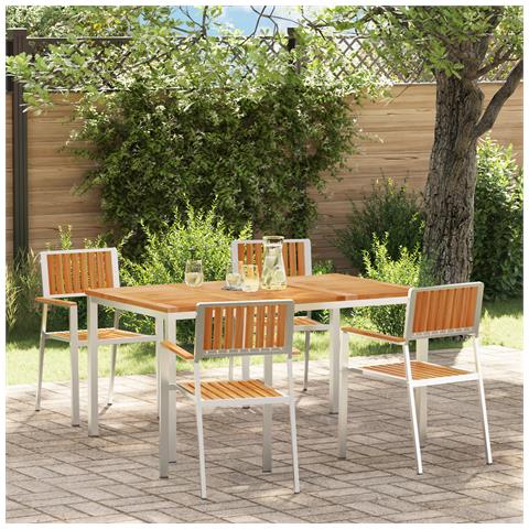 Set pranzo giardino  5 pezzi in legno massello di teak, Tavolo pranzo esterno  150x90x75 cm in legno massello di teak, Sedie giardino impilabili 4 pz in legno massello di teak e metallo - Foto 2