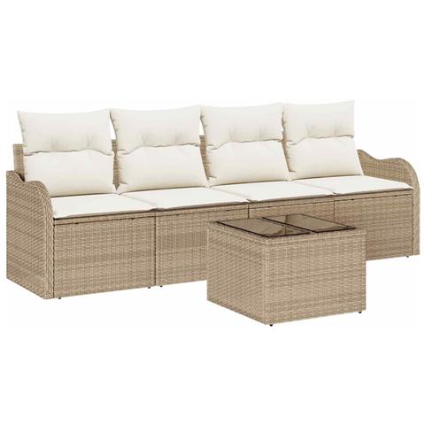 Set Divano da Giardino 5 Pezzi con Cuscini Beige in Rattan Polietilene,  Divano da Giardino a Due Posti con Cuscini Beige in Rattan Polietilene - Foto 1
