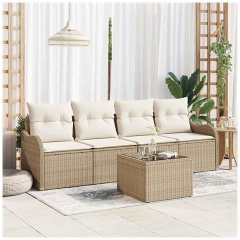 Set Divano da Giardino 5 Pezzi con Cuscini Beige in Rattan Polietilene,  Divano da Giardino a Due Posti con Cuscini Beige in Rattan Polietilene - Foto 2