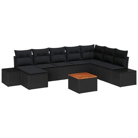 Set Divano da Giardino da 9 Pezzi con Cuscini Nero Polyrattan Acacia - Foto 1